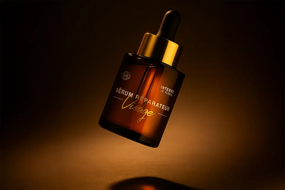 Une bouteille de sérum réparateur en lévitation sur un fond sombre