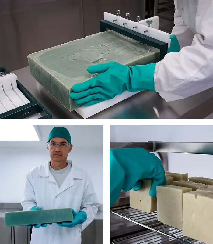 3 images : la découpe des savons, un pain de savon dans les mains de notre savonnier et le séchage des savons