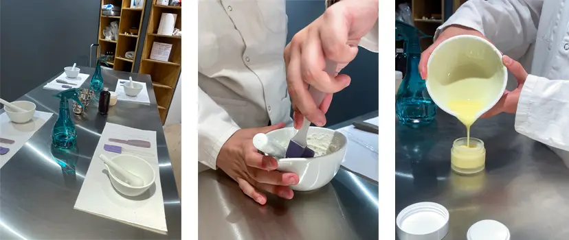 3 photos montrant les étapes du déroulement de l'atelier de fabrication d'un baume hydratant.