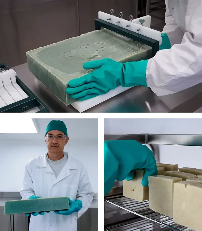 La découpe des savons, un pain de savon dans les mains de notre savonnier et le séchage des savons